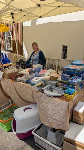 Dorothee sitzt hinter dem Flohmarktstand