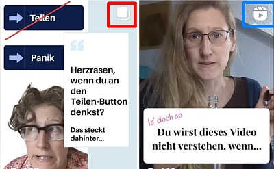Der Screenshot von zwei Titelbildern im Instagram-Feed von Dorothee, um die unterschiedlichen Icons für Beiträge und Reels zu zeigen. Links das Icon für Karussel-Beiträge, rechts für ein Reel. 