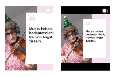 Ein quadratischer Beitrag in der Instagram Feed-Übersicht nach dem Update. Links die hochskalierte Ansicht, rechts die nachträglich bearbeitete quadratische Ansicht mit Leerraum oben und unten