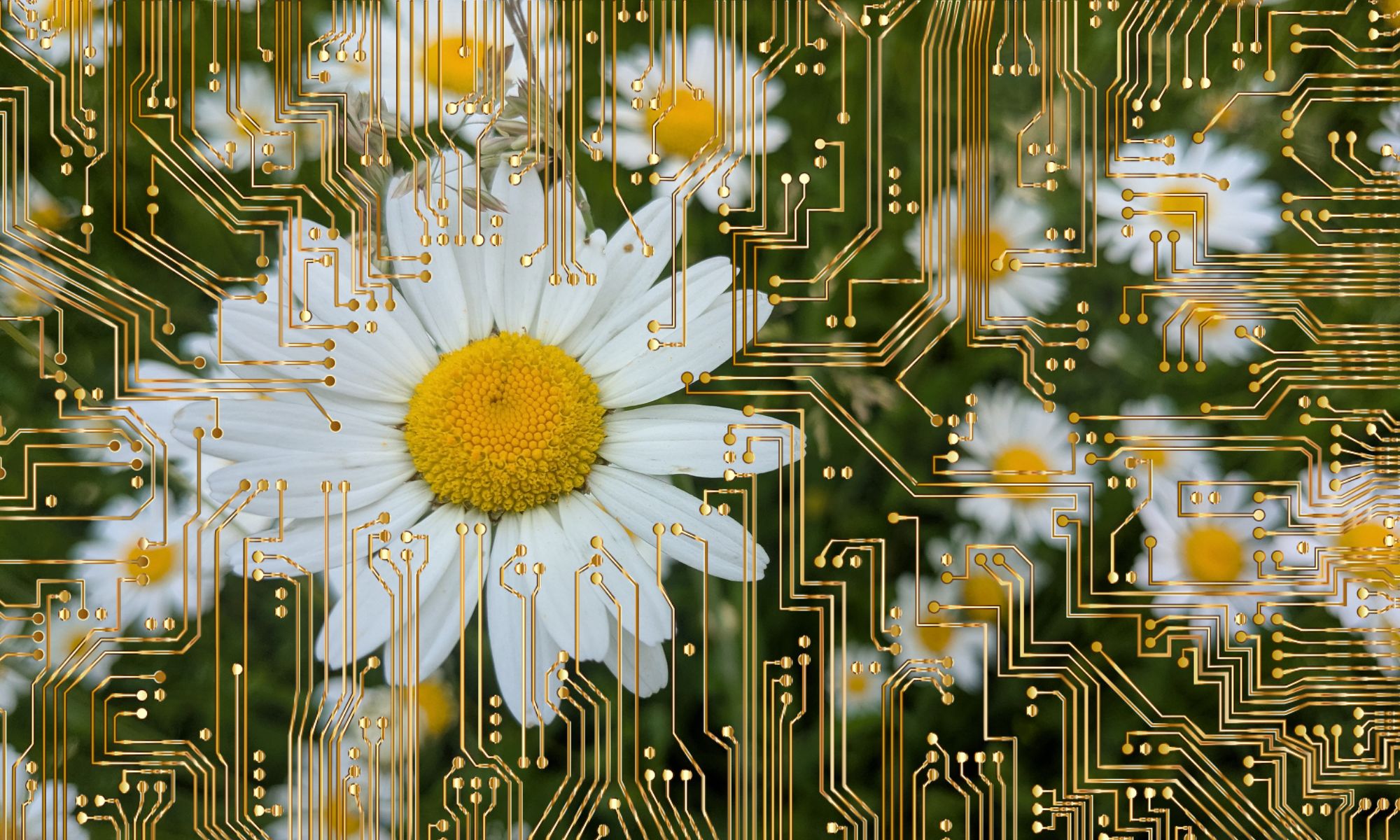 Fotocollage in der eine Margeritenblüte zu sehen ist, die von der Grafik eines Schaltkreises überdeckt wird, um den künstlichen Charakter von KI zu symbolisieren. Das Foto ist von einer echten Blüte, Fotografin Dorothee Dickmann