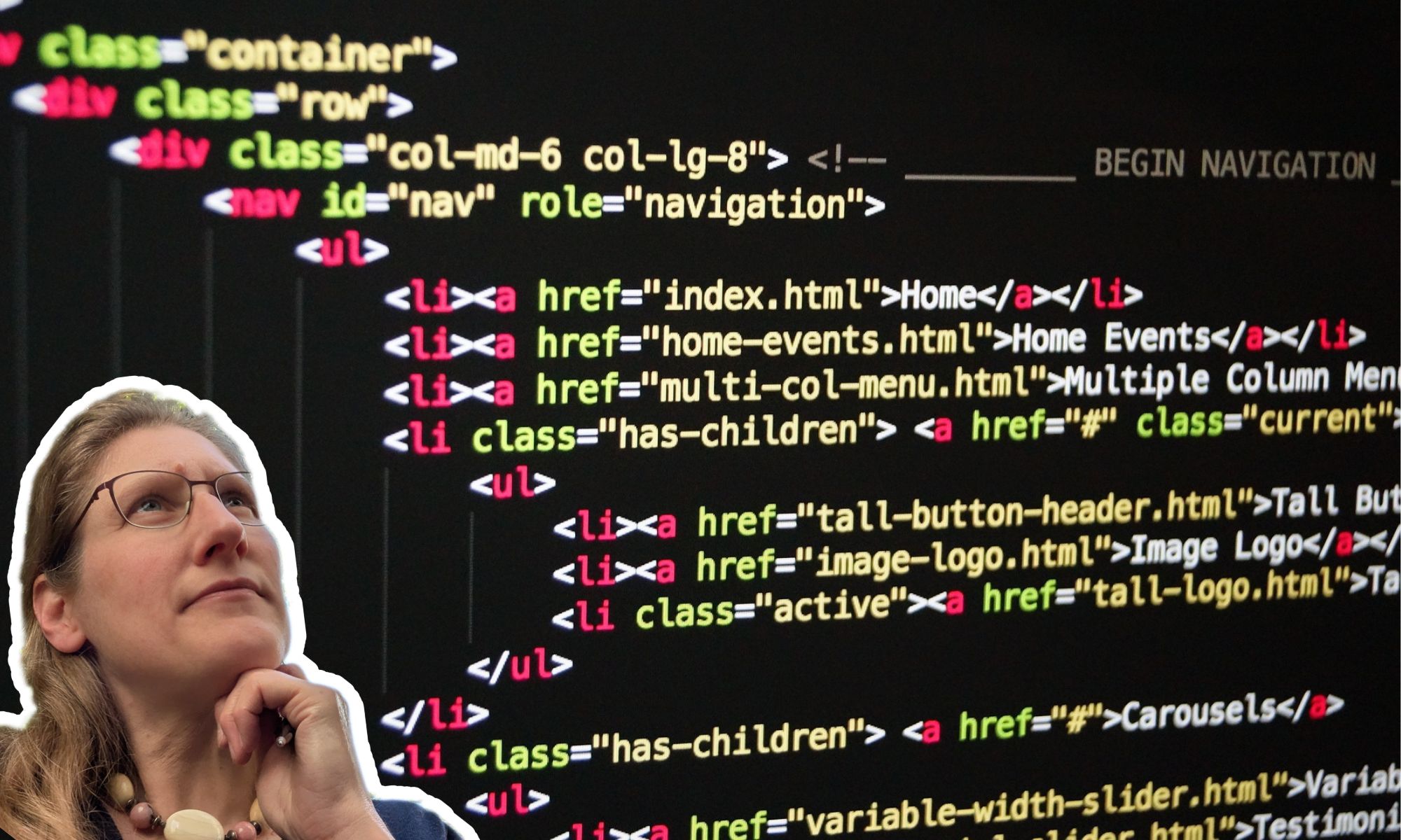 Das Bild einer Quellcode-Aufnahme auf das Dorothee mit nachdenklichem Blick montiert ist; Foto des Quellcodes von jamesmarkosborne, pixabay.com