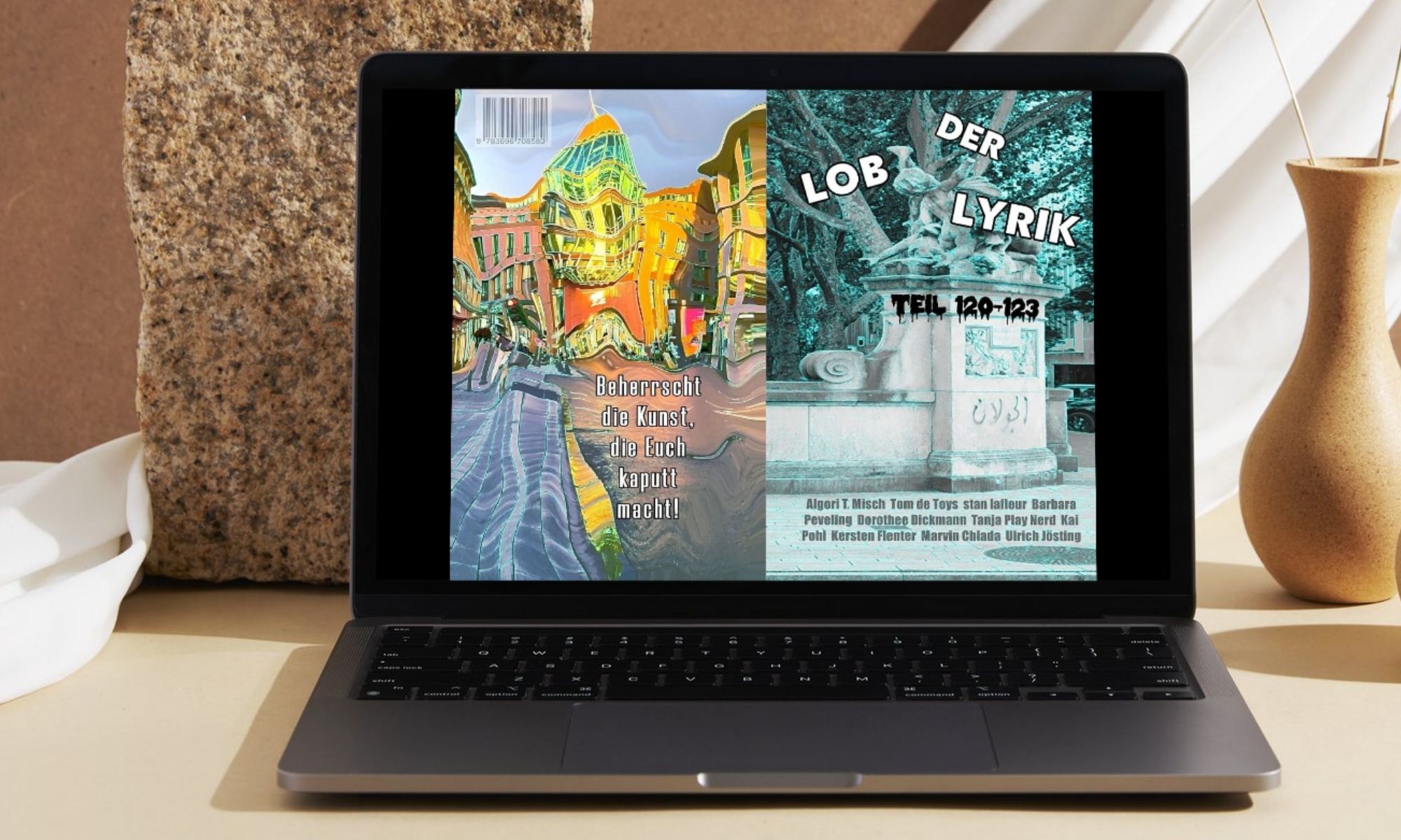 Fotocollage: Ein Laptop steht auf einer Tischplatte. Auf den Bildschirm wurde das Cover von Band 11 von Lob der Lyrik montiert.
