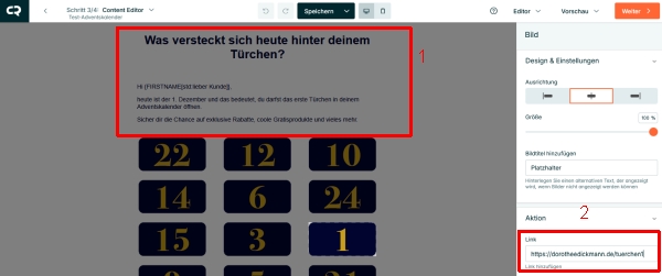 Screenshot vom CleverReach Editor mit der Adventskalender Vorlage